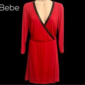 BEBE Red Stretch Faux Wrap V-Neckline Dress with Faux Leather Detail Siz…